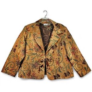 Samantha Lee Floral Tapestry Jacket 24 W Camel Ribbon Tie Plus Size Woven Boho